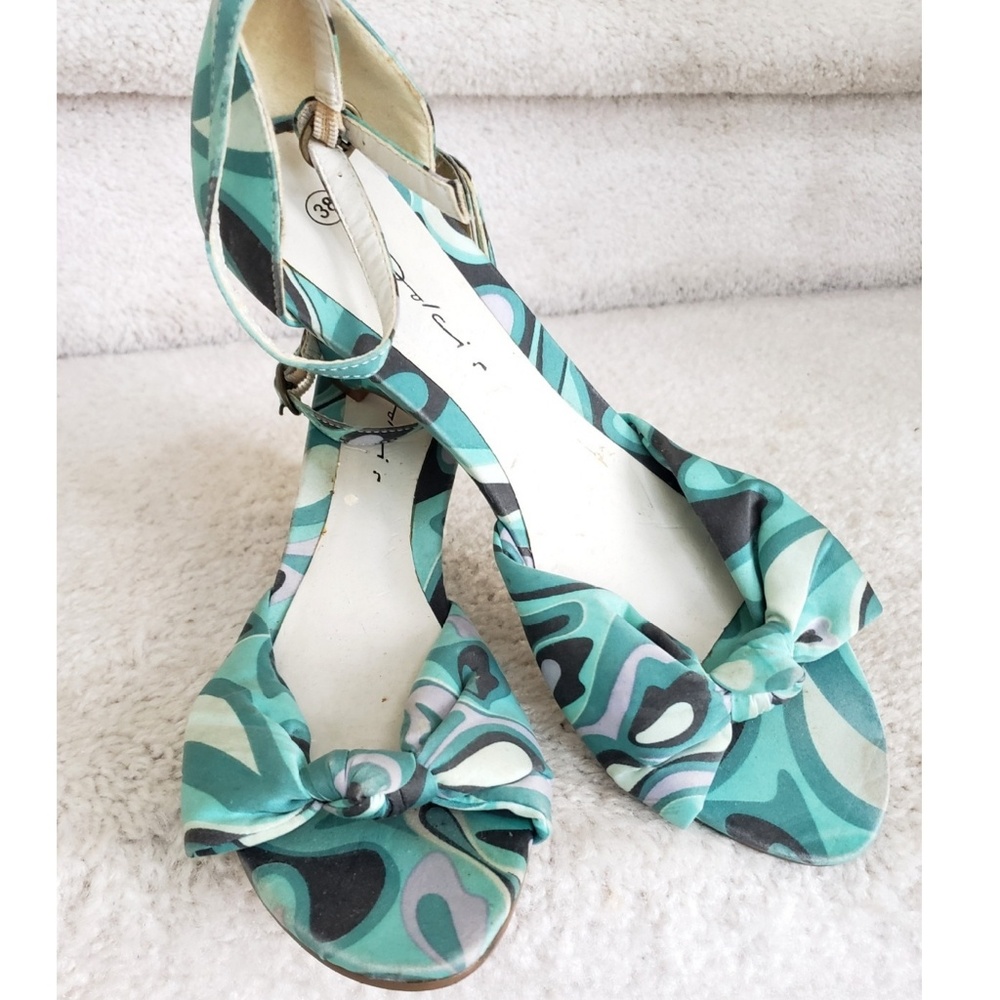 Vintage Retro MOD Teal Black Aqua Open Toe Wedges